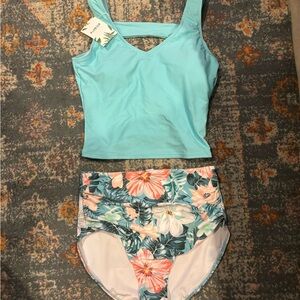 Light Blue Tankini Top with Floral High-Waist Bottom - Women's Swim Bikini